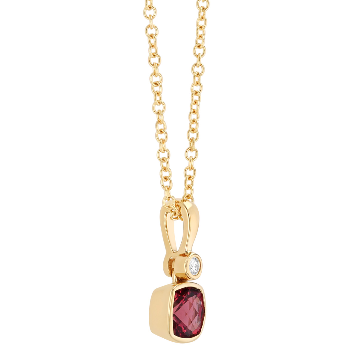 Bezel Set Cushion Checkerboard Rhodolite Garnet & Diamond Pendant in Yellow Gold, 18