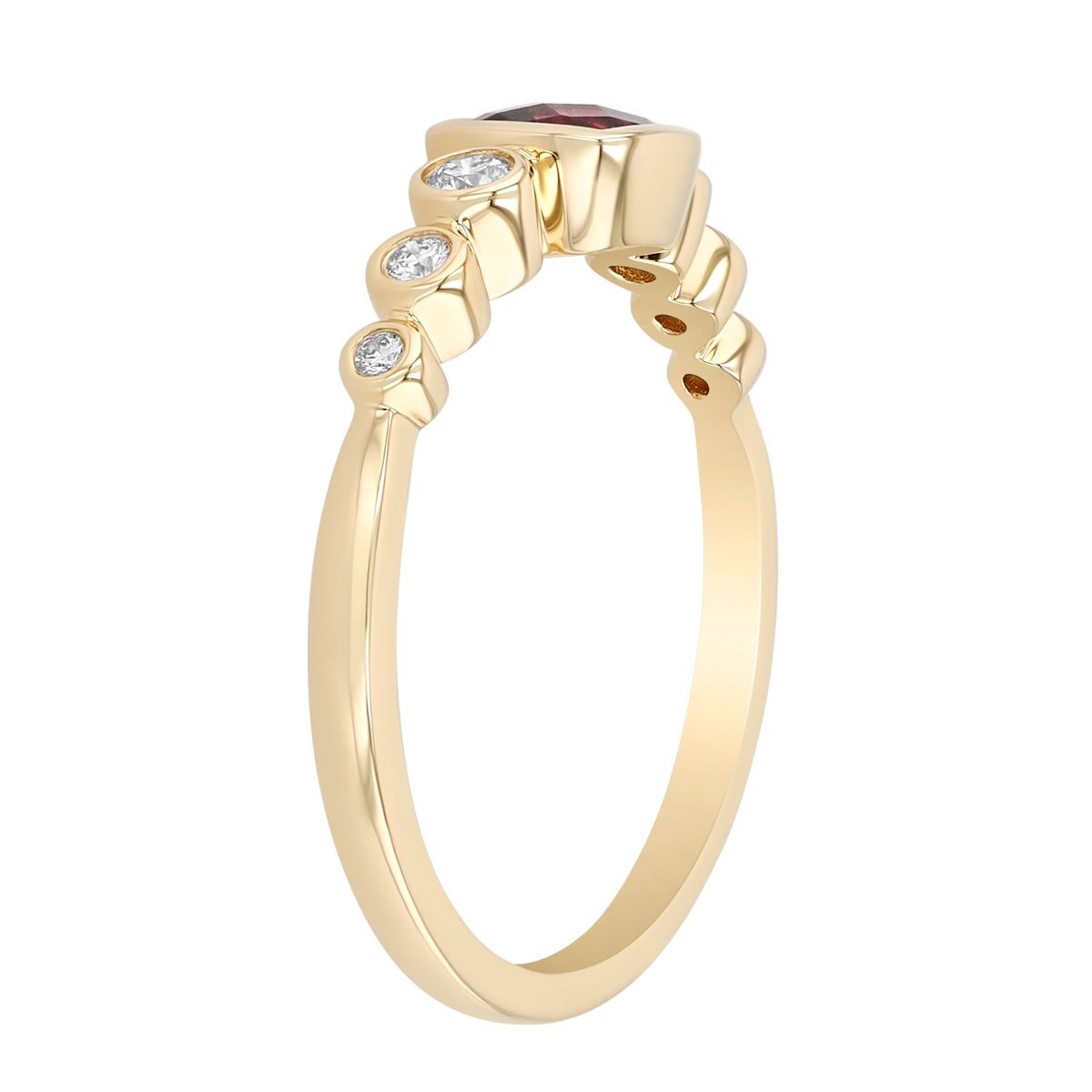 Bezel Set Cushion Checkerboard Rhodolite Garnet & Diamond Ring in Yellow Gold