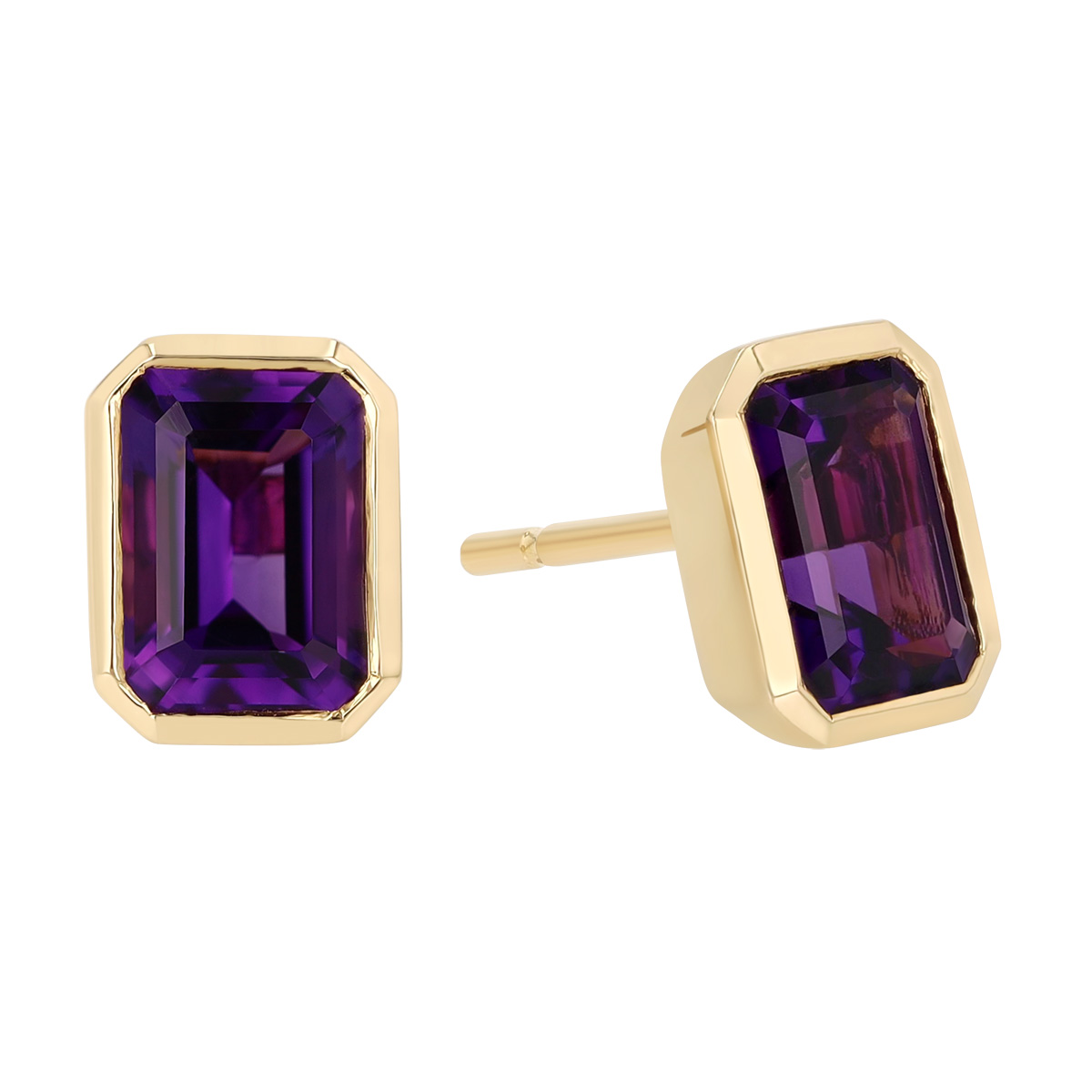 Bezel Set Emerald Cut Amethyst Stud Earrings in Yellow Gold