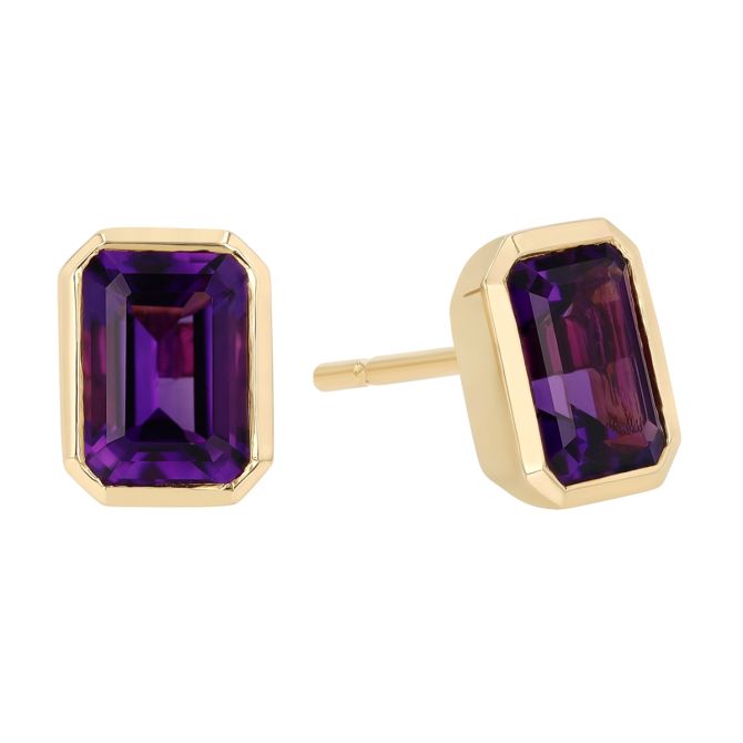 Bezel Set Emerald Cut Amethyst Stud Earrings in Yellow Gold