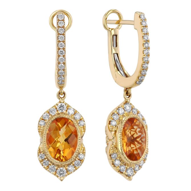 Oval Citrine & Diamond Split Halo Huggie Hoop Dangle Earrings in Yellow Gold