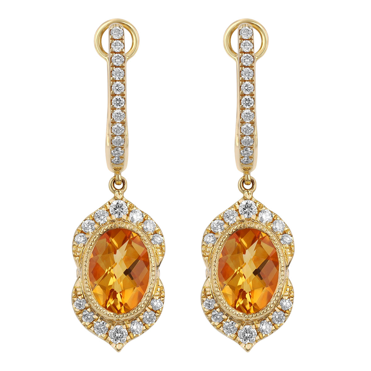 Oval Citrine & Diamond Split Halo Huggie Hoop Dangle Earrings in Yellow Gold
