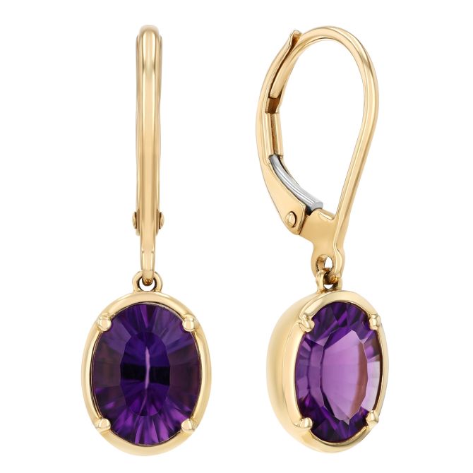 Oval Amethyst Dangle Hoop Earrings in Yellow Gold