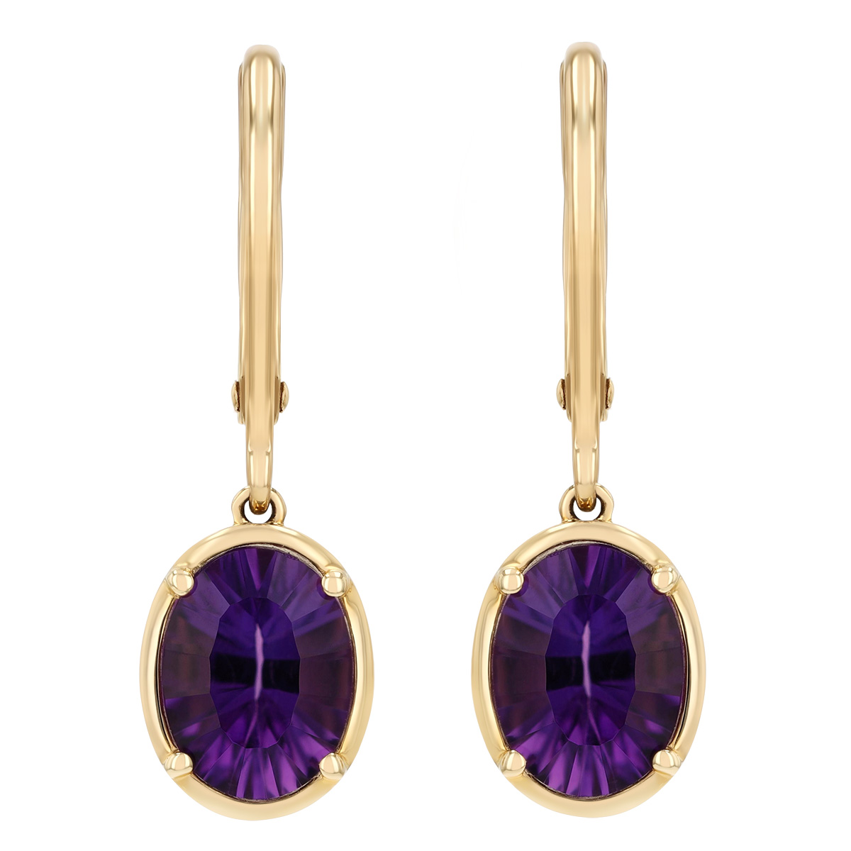 Oval Amethyst Dangle Hoop Earrings in Yellow Gold
