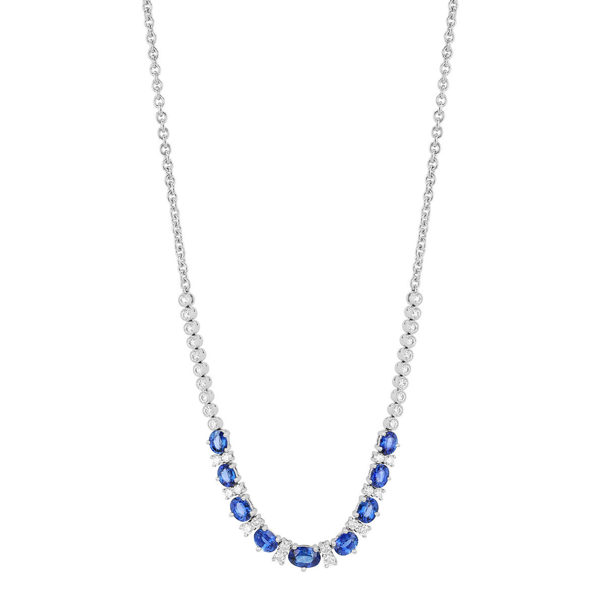 Oval Sapphire & Round Diamond Necklace in White Gold