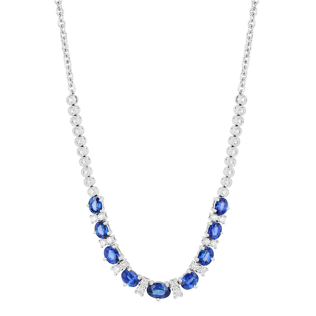 Oval Sapphire & Round Diamond Necklace in White Gold