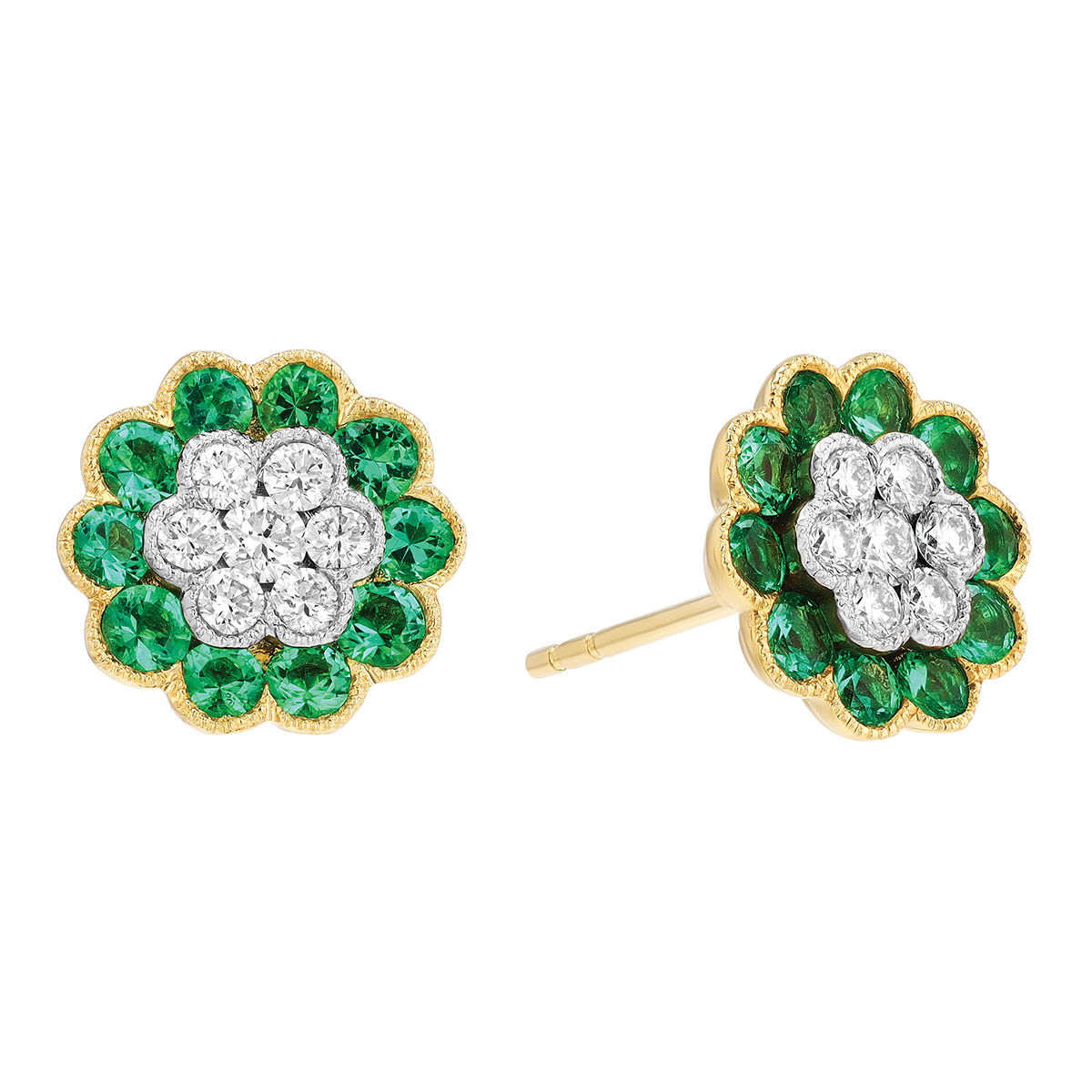 Emerald & Diamond Cluster Floral Stud Earrings in Yellow Gold