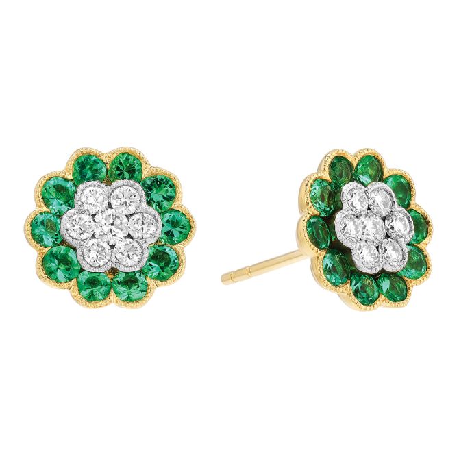 Emerald & Diamond Cluster Floral Stud Earrings in Yellow Gold
