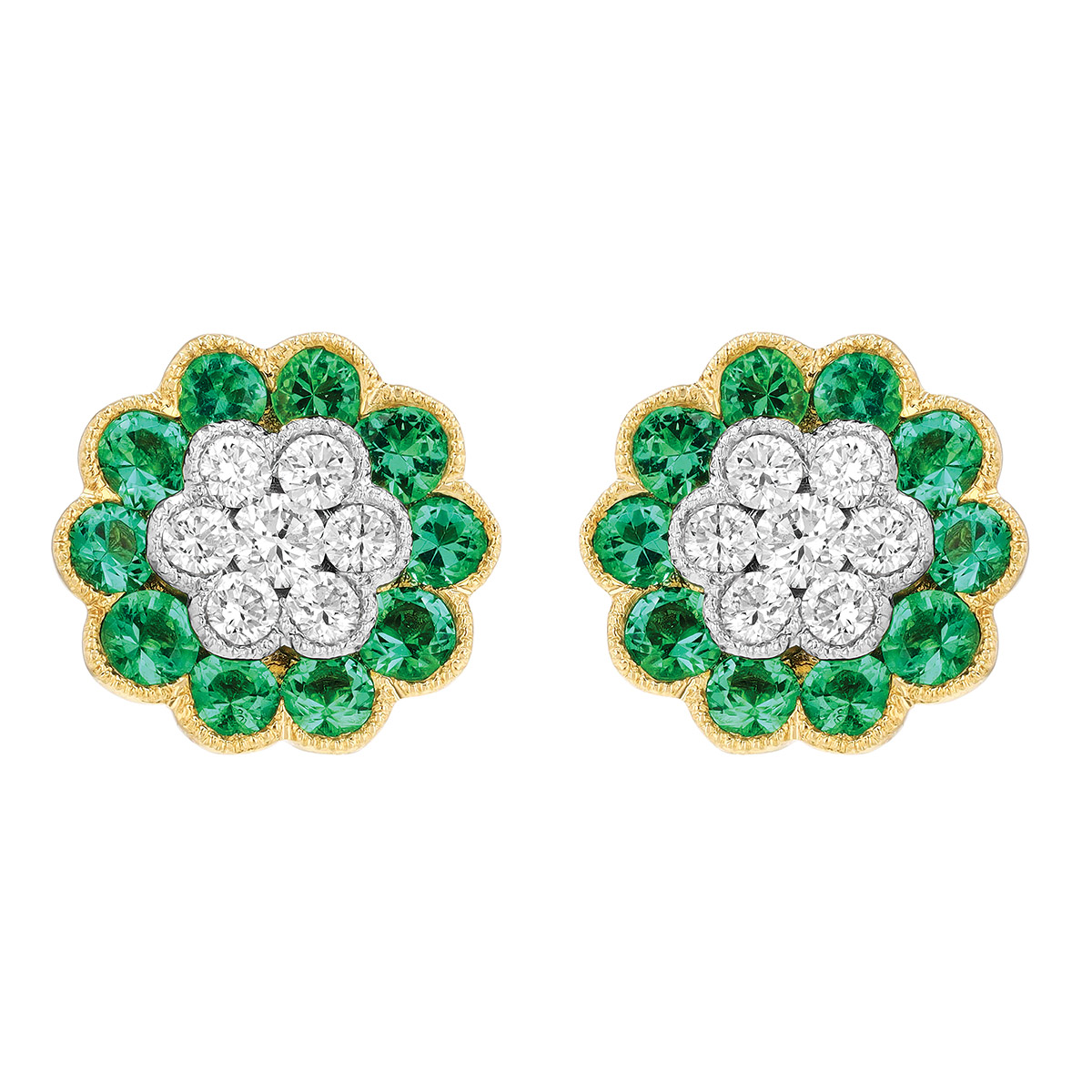 Emerald & Diamond Cluster Floral Stud Earrings in Yellow Gold