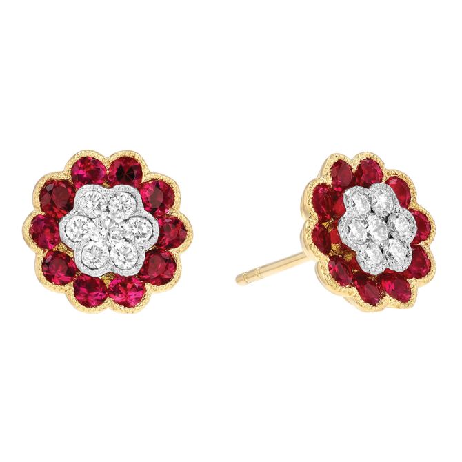 Ruby & Diamond Cluster Floral Stud Earrings in Yellow Gold