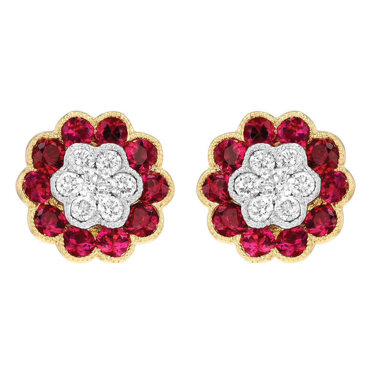Ruby & Diamond Cluster Floral Stud Earrings in Yellow Gold