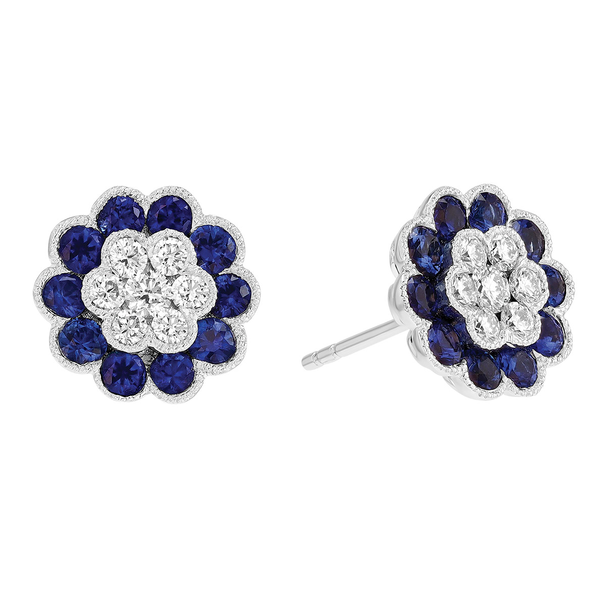 Sapphire & Diamond Cluster Floral Stud Earrings in White Gold