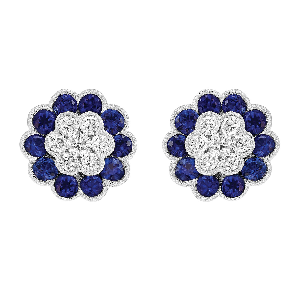 Sapphire & Diamond Cluster Floral Stud Earrings in White Gold