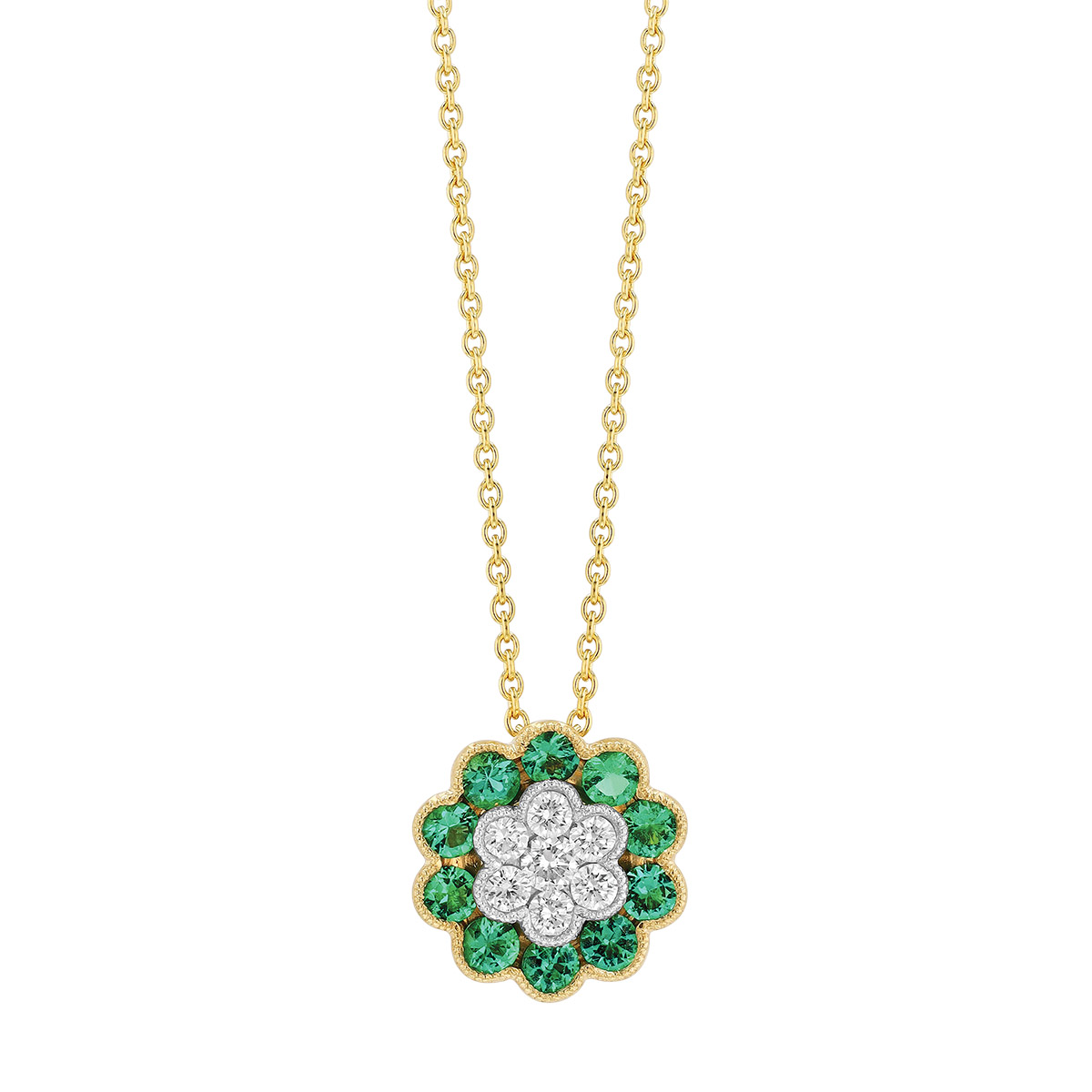 Emerald & Diamond Cluster Floral Pendant in Yellow Gold