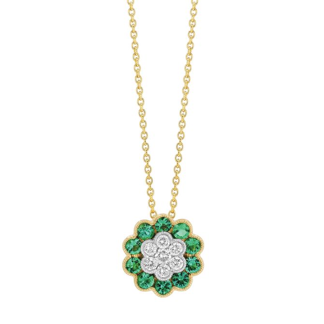 Emerald & Diamond Cluster Floral Pendant in Yellow Gold