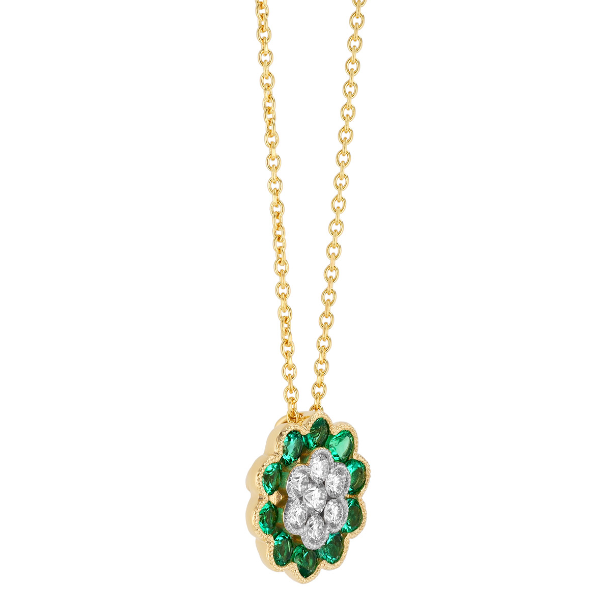 Emerald & Diamond Cluster Floral Pendant in Yellow Gold