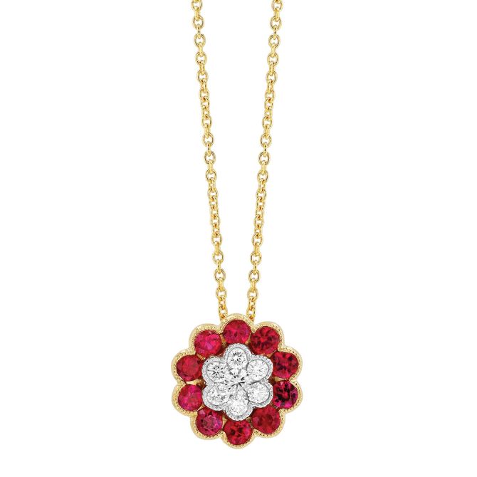 Ruby & Diamond Cluster Floral Pendant in Yellow Gold