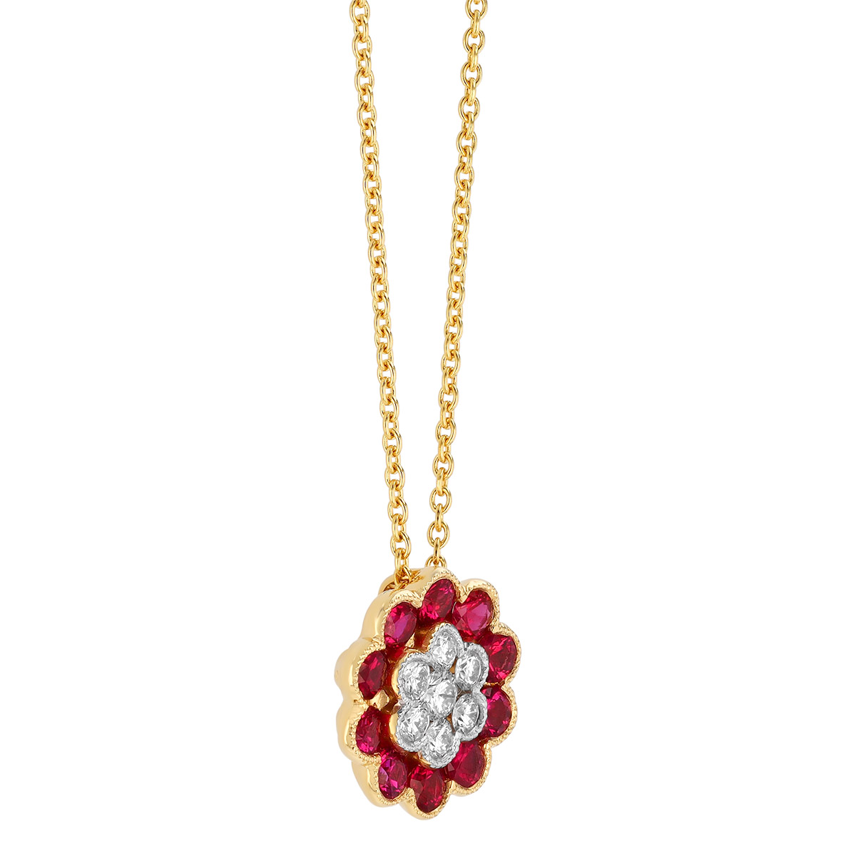 Ruby & Diamond Cluster Floral Pendant in Yellow Gold