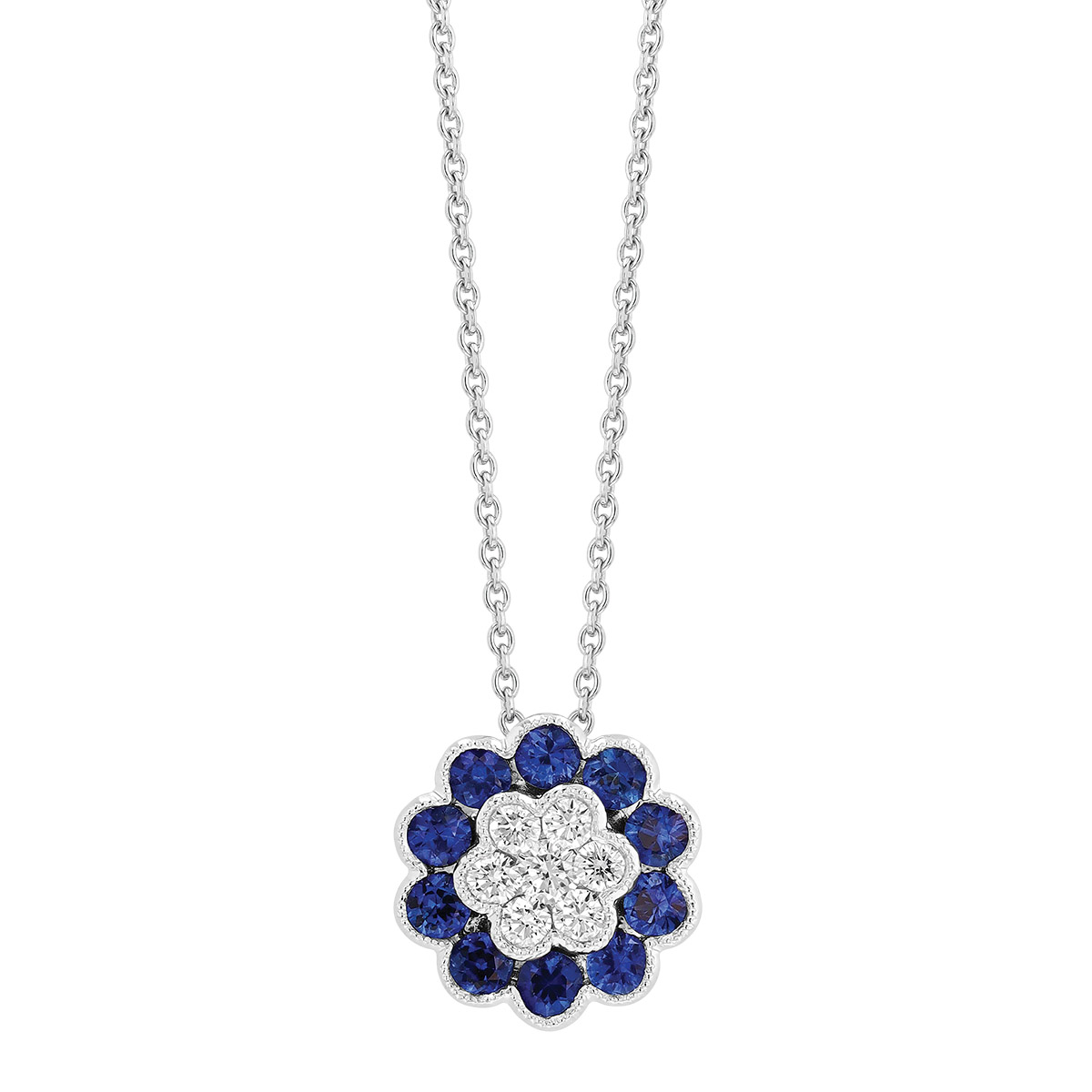 Sapphire & Diamond Cluster Floral Pendant in White Gold