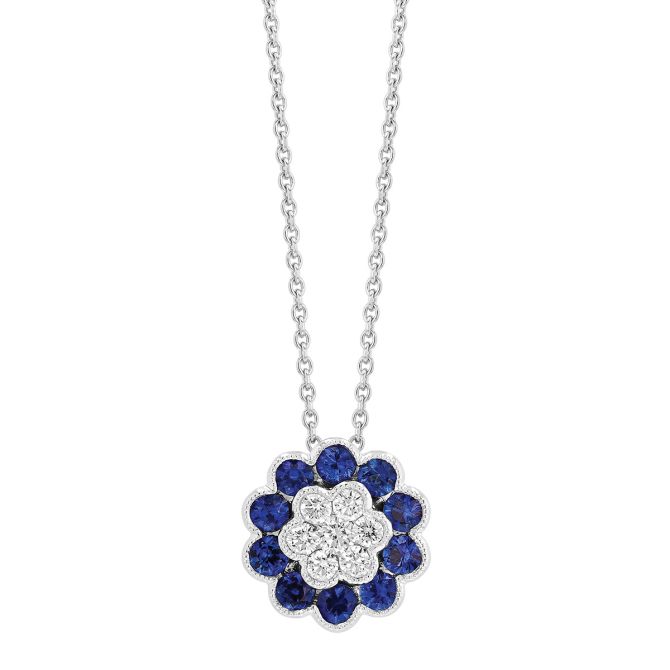 Sapphire & Diamond Cluster Floral Pendant in White Gold