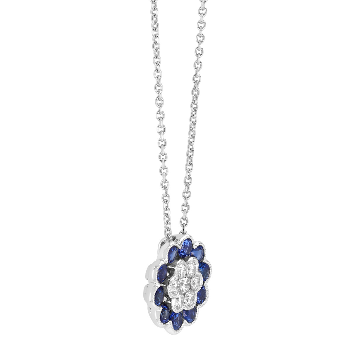 Sapphire & Diamond Cluster Floral Pendant in White Gold