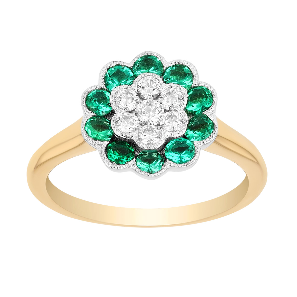 Emerald & Diamond Cluster Floral Ring in Yellow Gold