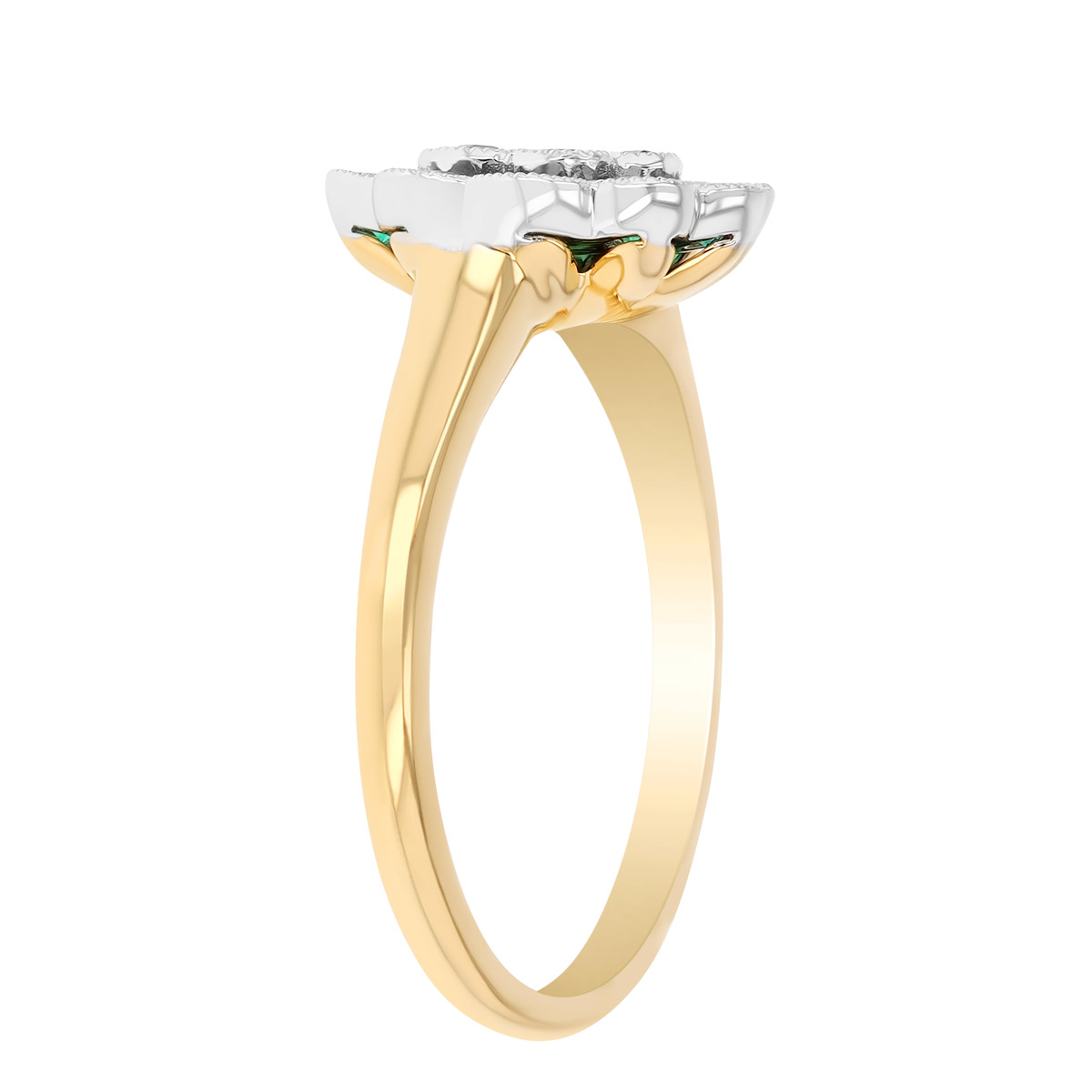 Emerald & Diamond Cluster Floral Ring in Yellow Gold