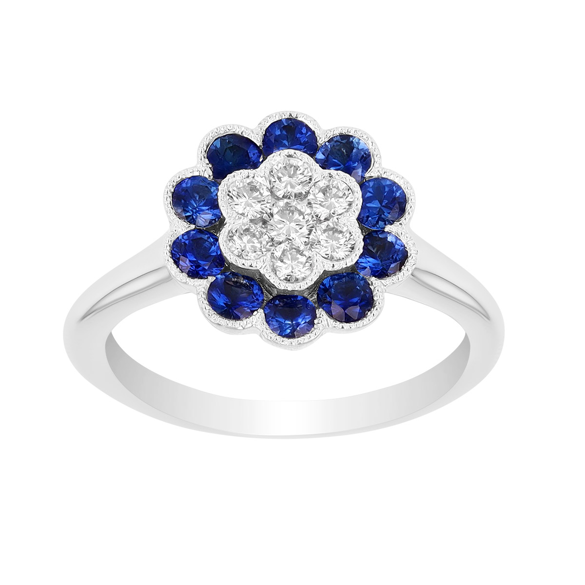 Sapphire & Diamond Cluster Floral Ring in White Gold