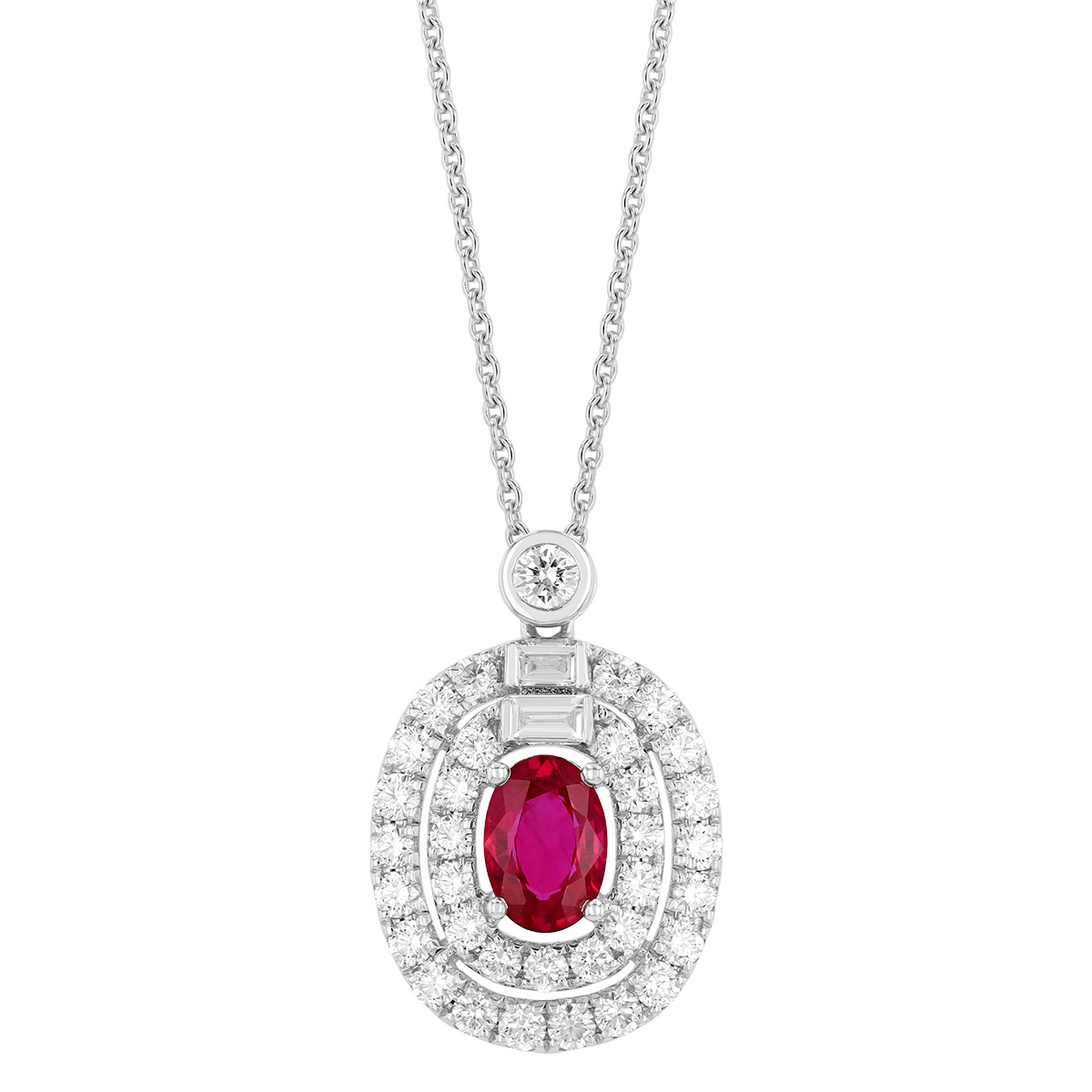 Oval Ruby & Double Diamond Halo Pendant in White Gold, 17