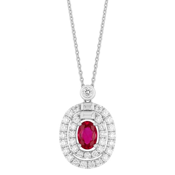 Oval Ruby & Double Diamond Halo Pendant in White Gold, 17"
