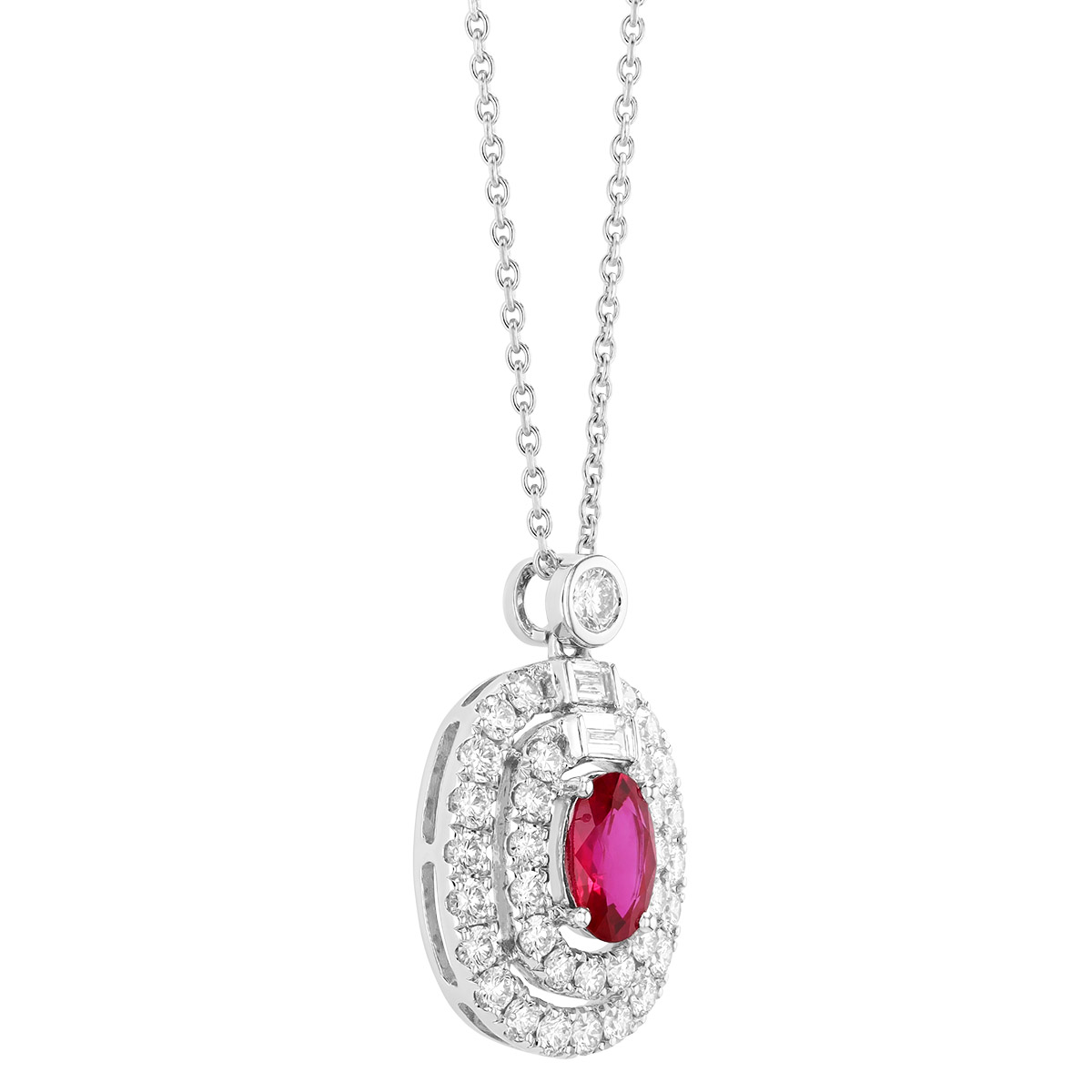 Oval Ruby & Double Diamond Halo Pendant in White Gold, 17
