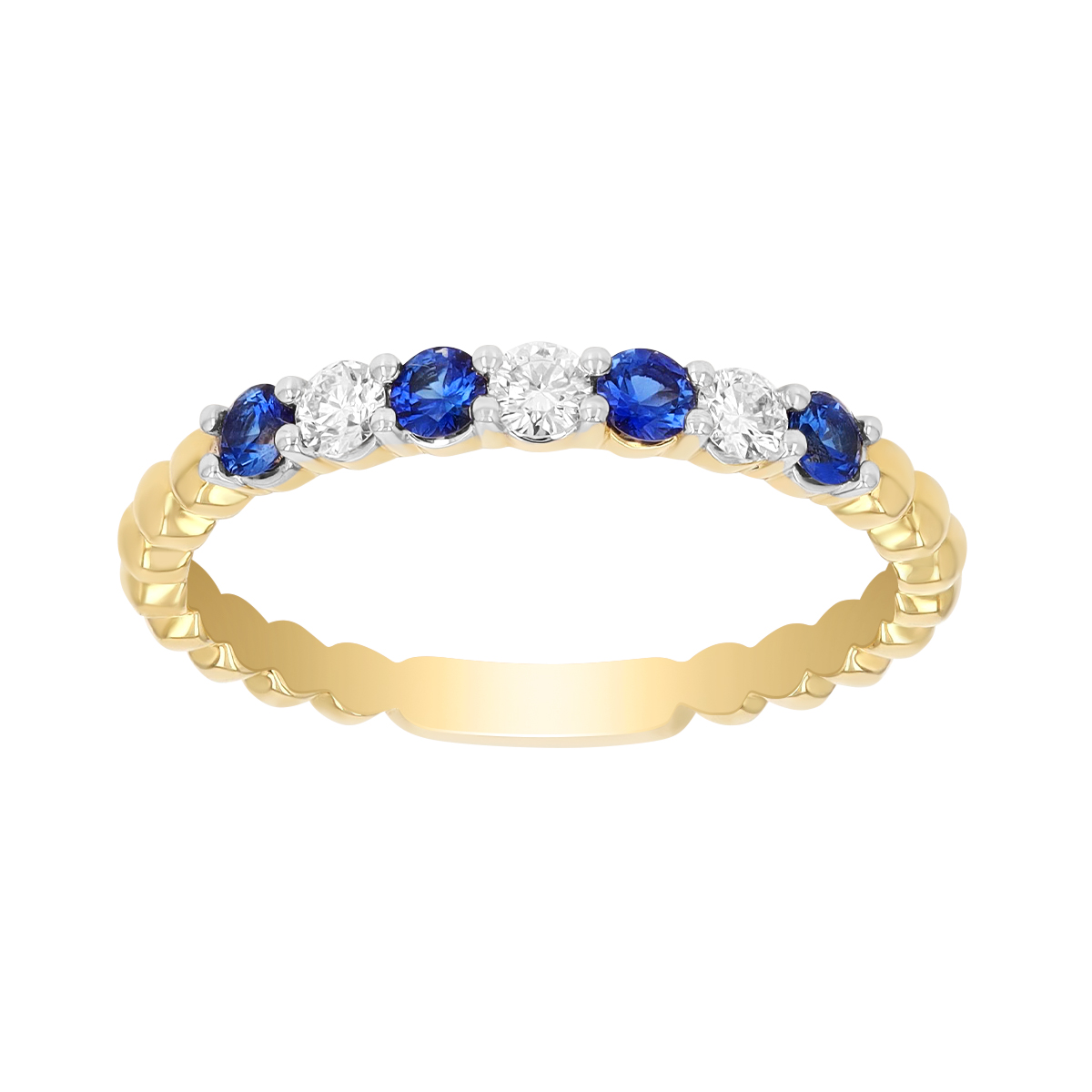 Round Sapphire & Diamond Beaded Ring in Two Tone