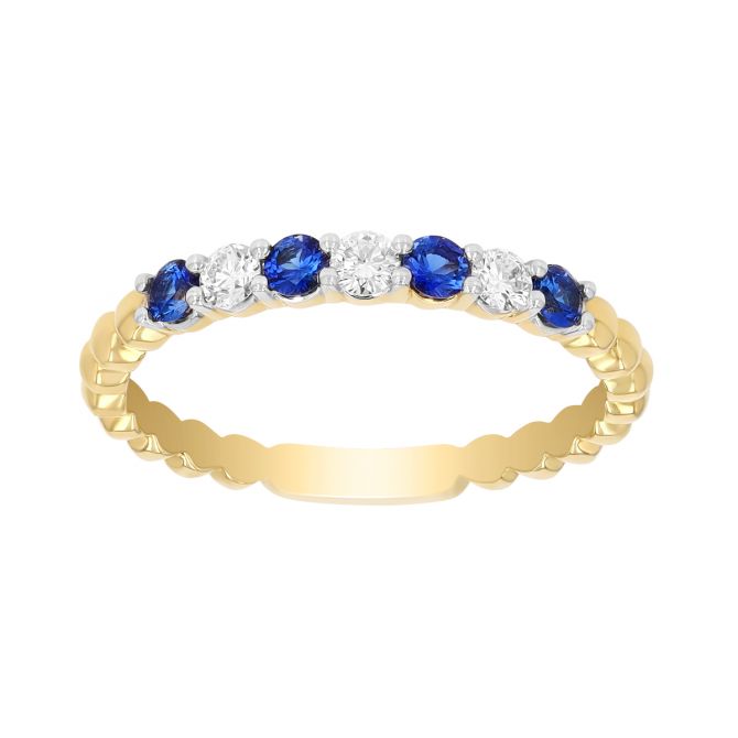 Round Sapphire & Diamond Beaded Ring in Two Tone