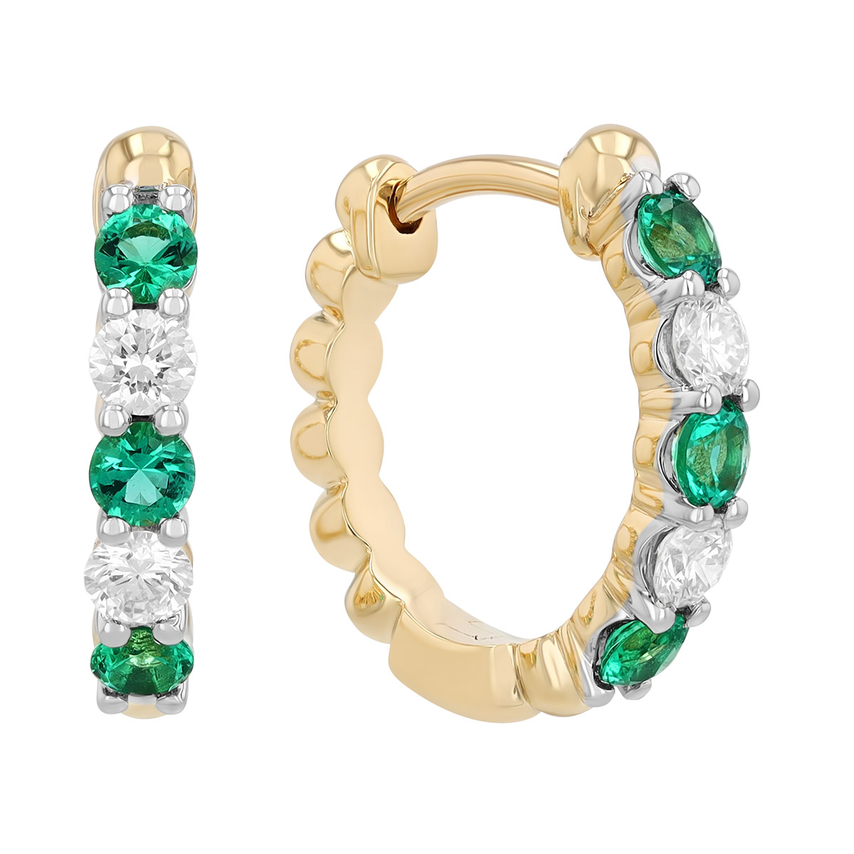 Round Emerald & Diamond Beaded Huggie Hoop Earrings in Two Tone