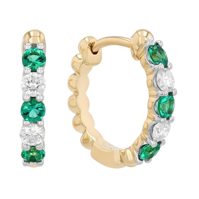 Round Emerald & Diamond Beaded Huggie Hoop Earrings in Two Tone