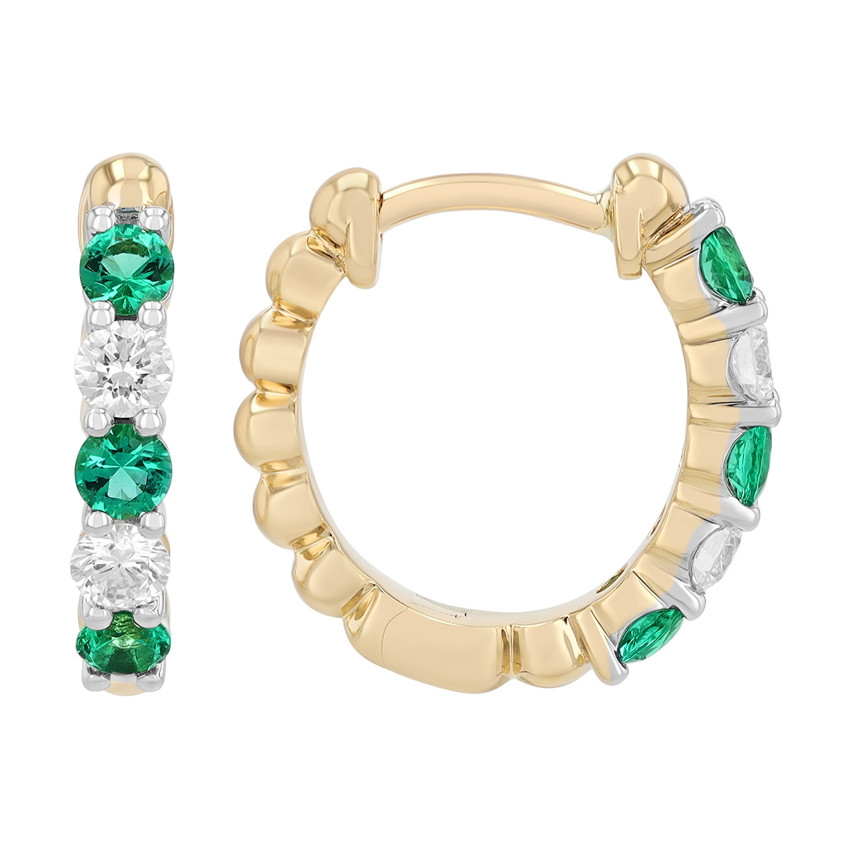 Round Emerald & Diamond Beaded Huggie Hoop Earrings in Two Tone