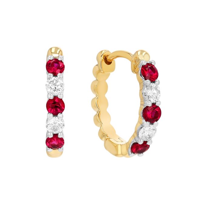 Round Ruby & Diamond Hoop Earrings in Two Tone