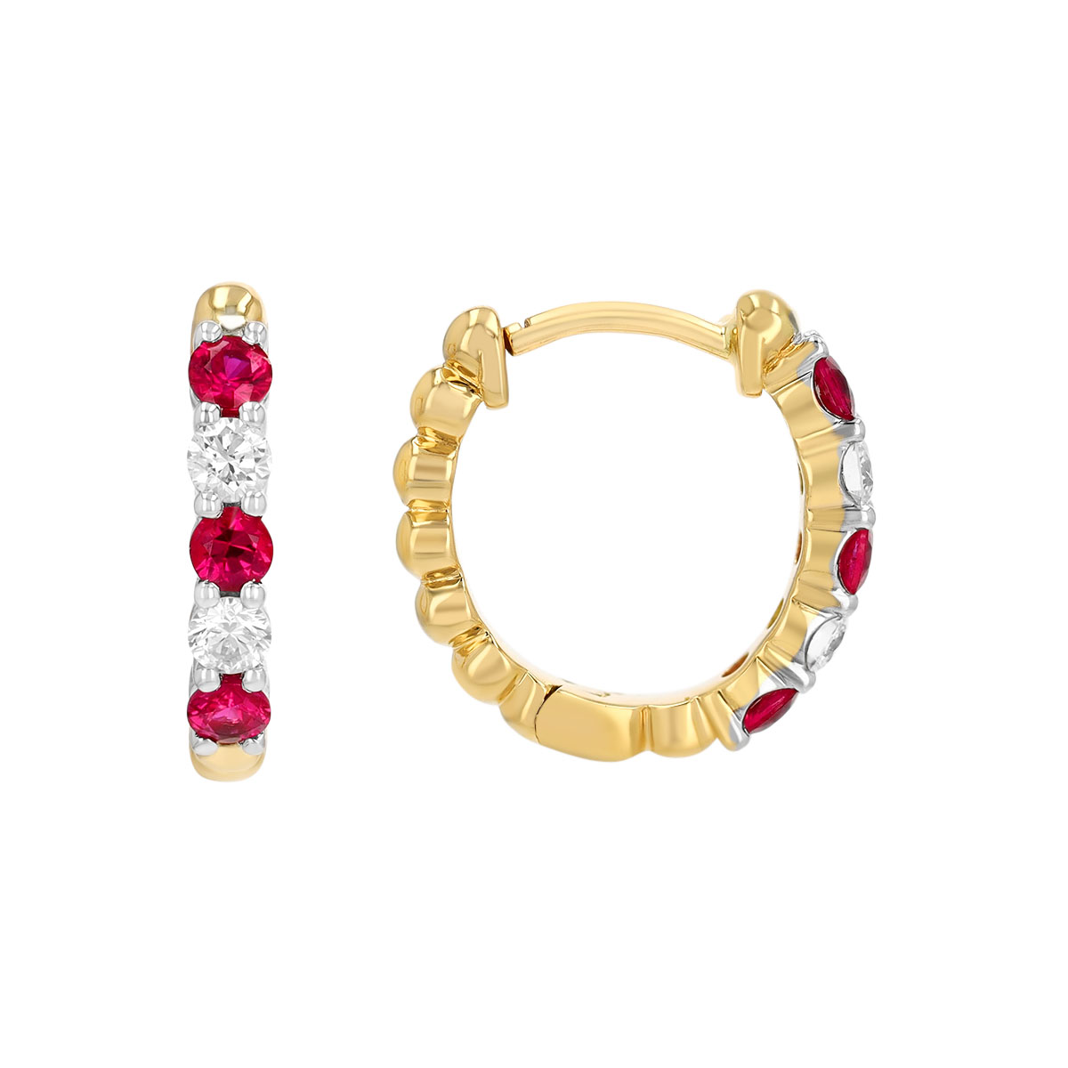 Round Ruby & Diamond Hoop Earrings in Two Tone