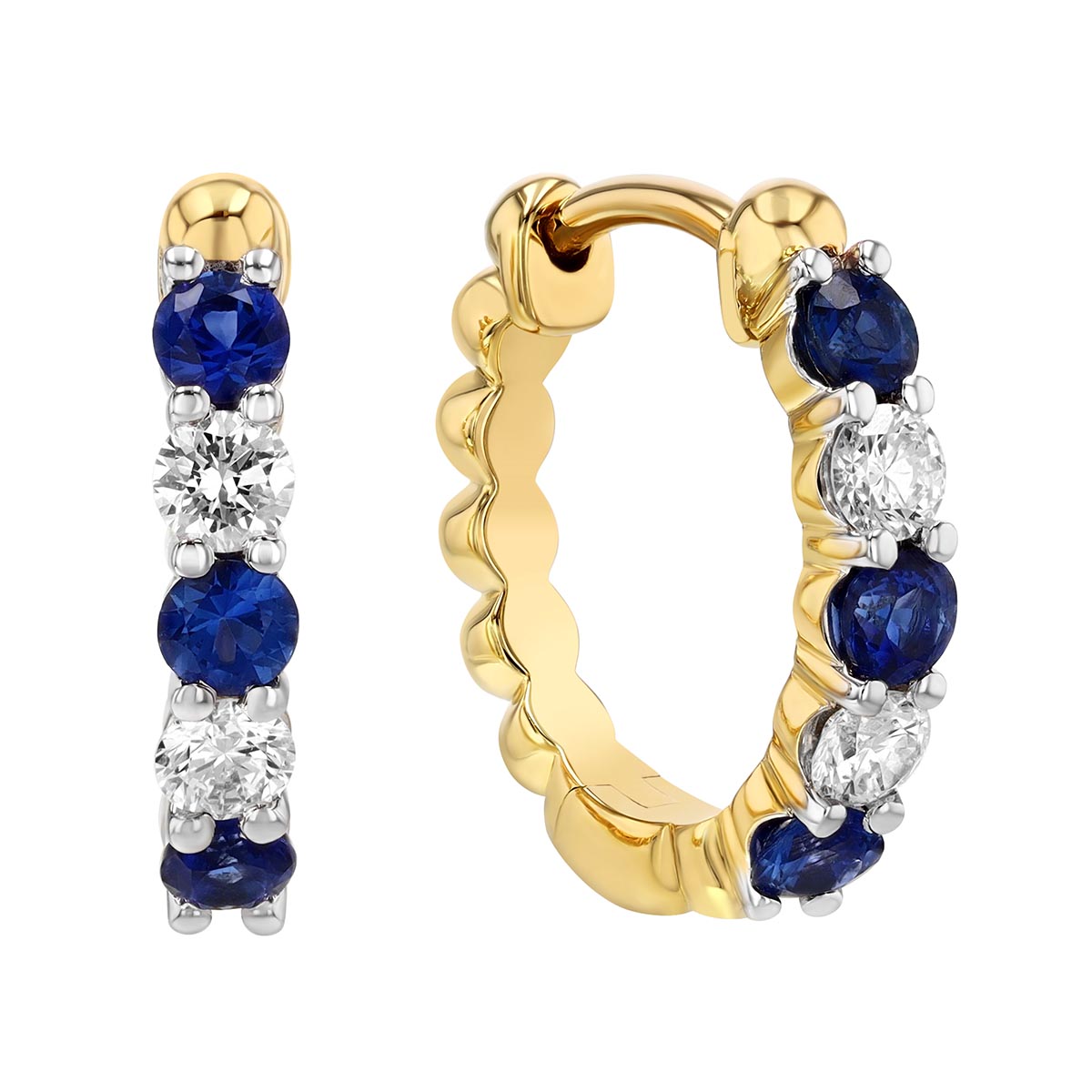 Round Sapphire & Diamond Huggie Hoop Earrings in Two Tone