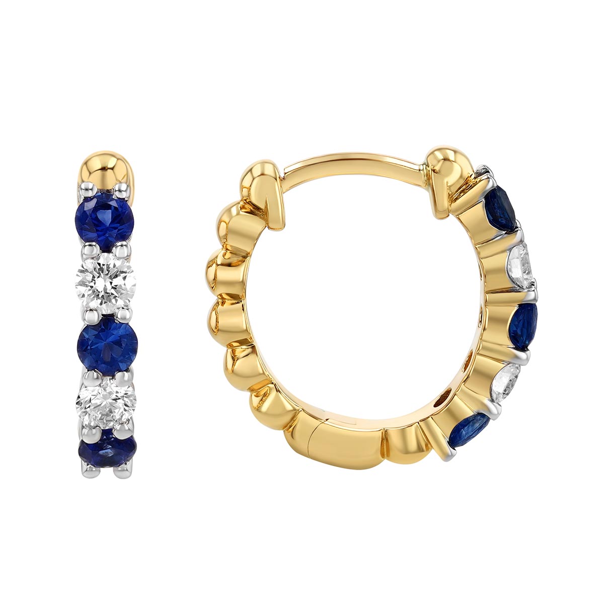 Round Sapphire & Diamond Huggie Hoop Earrings in Two Tone