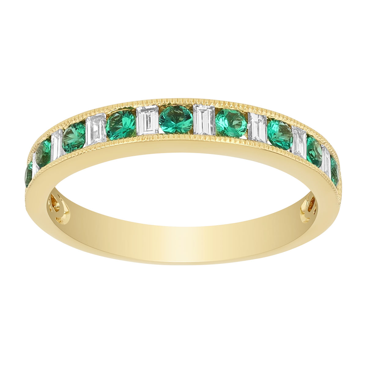Round Emerald & Baguette Diamond Channel Set Ring in Yellow Gold