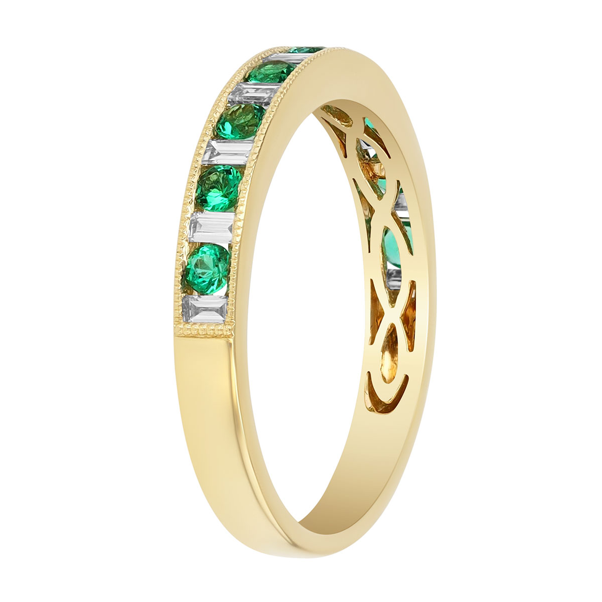 Round Emerald & Baguette Diamond Channel Set Ring in Yellow Gold