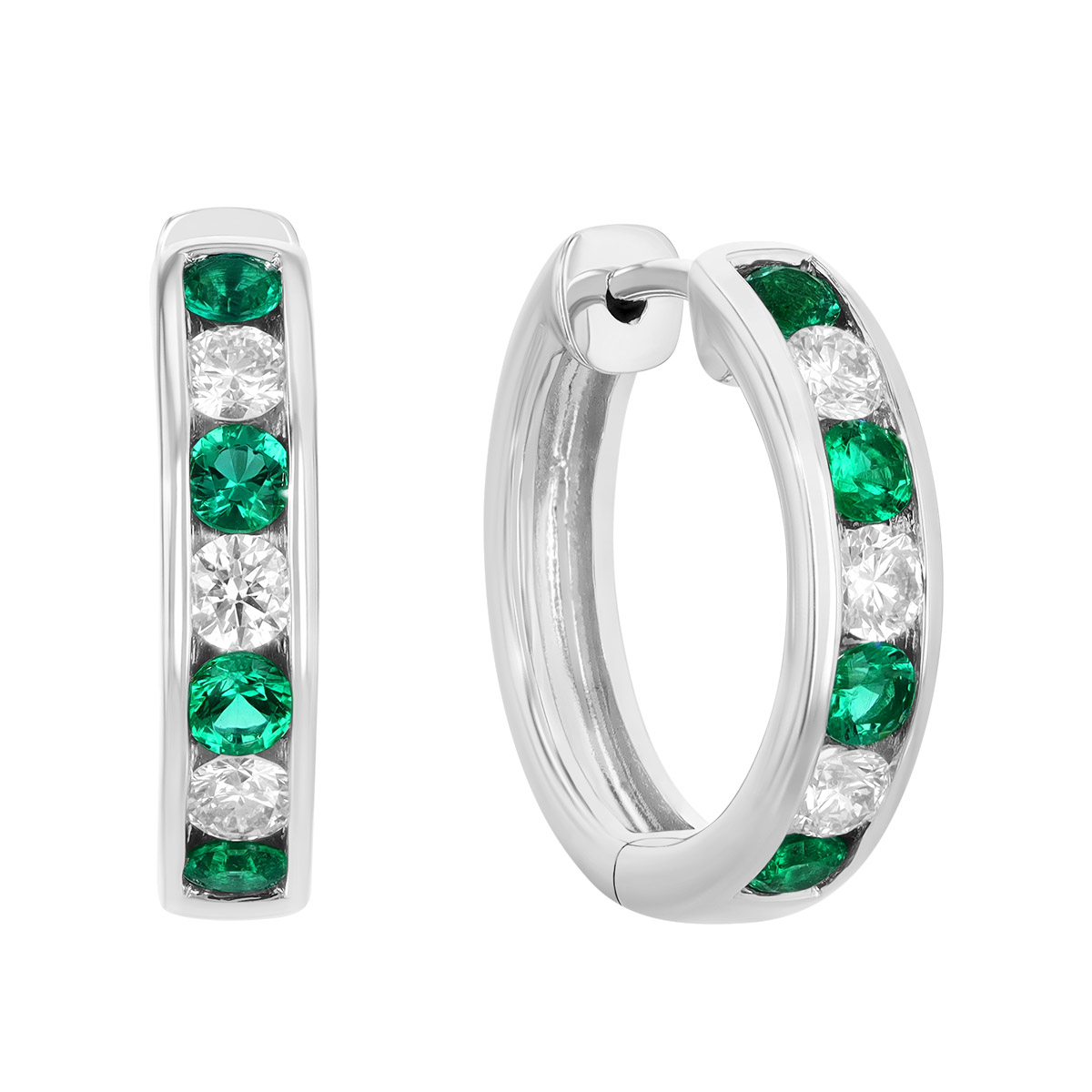 Channel Set Round Emerald & Diamond Huggie Hoop Earrings in White Gold