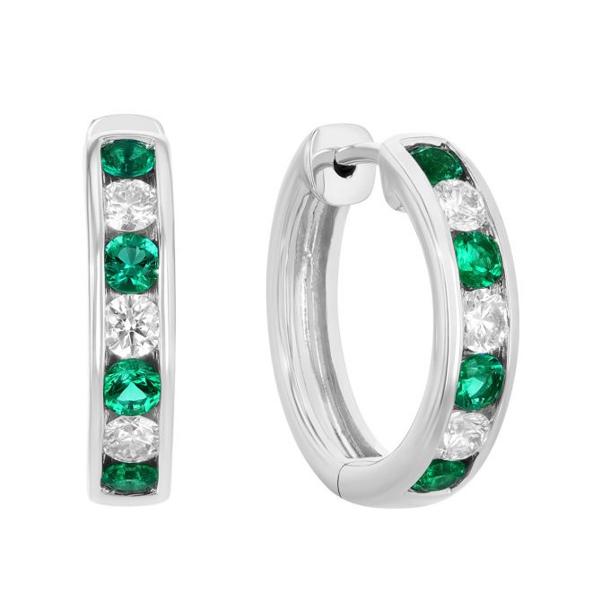 Channel Set Round Emerald & Diamond Huggie Hoop Earrings in White Gold