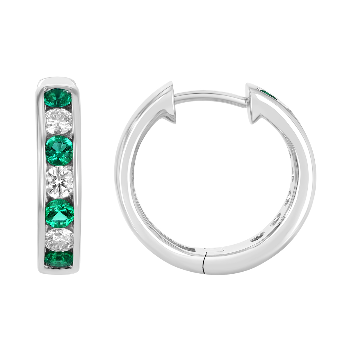 Channel Set Round Emerald & Diamond Huggie Hoop Earrings in White Gold