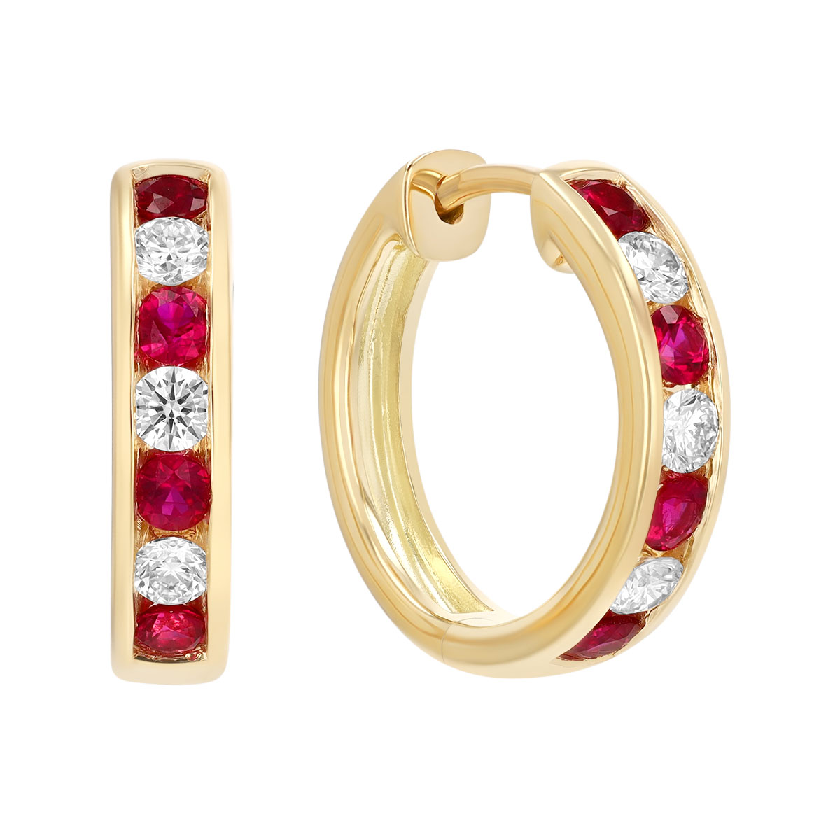 Channel Set Round Ruby & Diamond Hoop Earrings in Yellow Gold