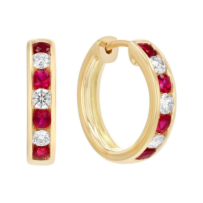Channel Set Round Ruby & Diamond Hoop Earrings in Yellow Gold