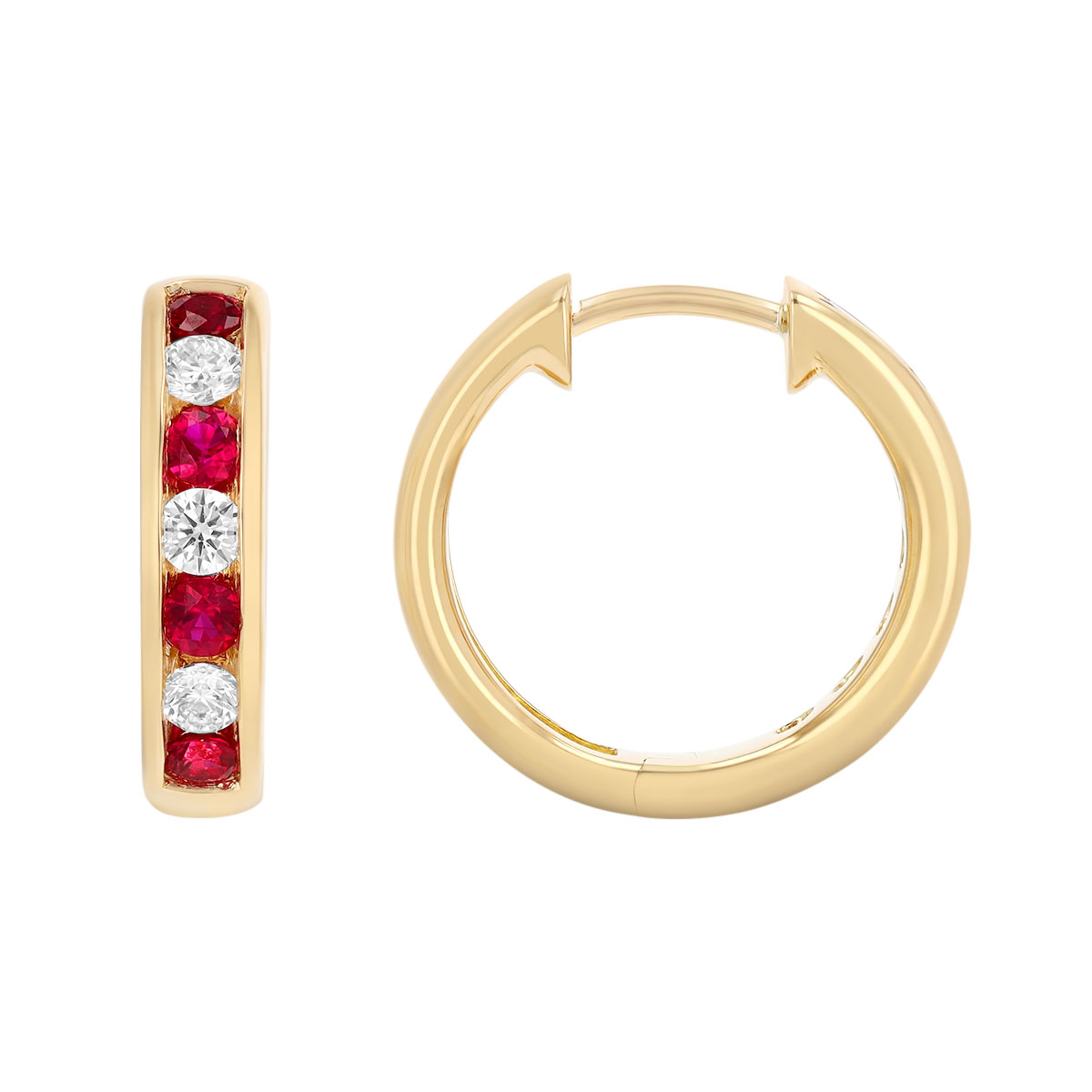 Channel Set Round Ruby & Diamond Hoop Earrings in Yellow Gold