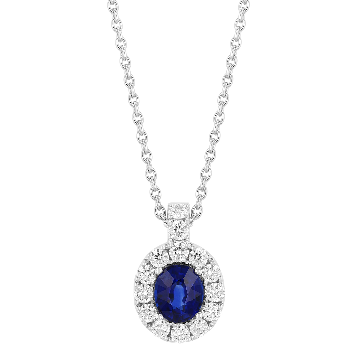 Oval Sapphire & Diamond Halo Pendant in White Gold, 17