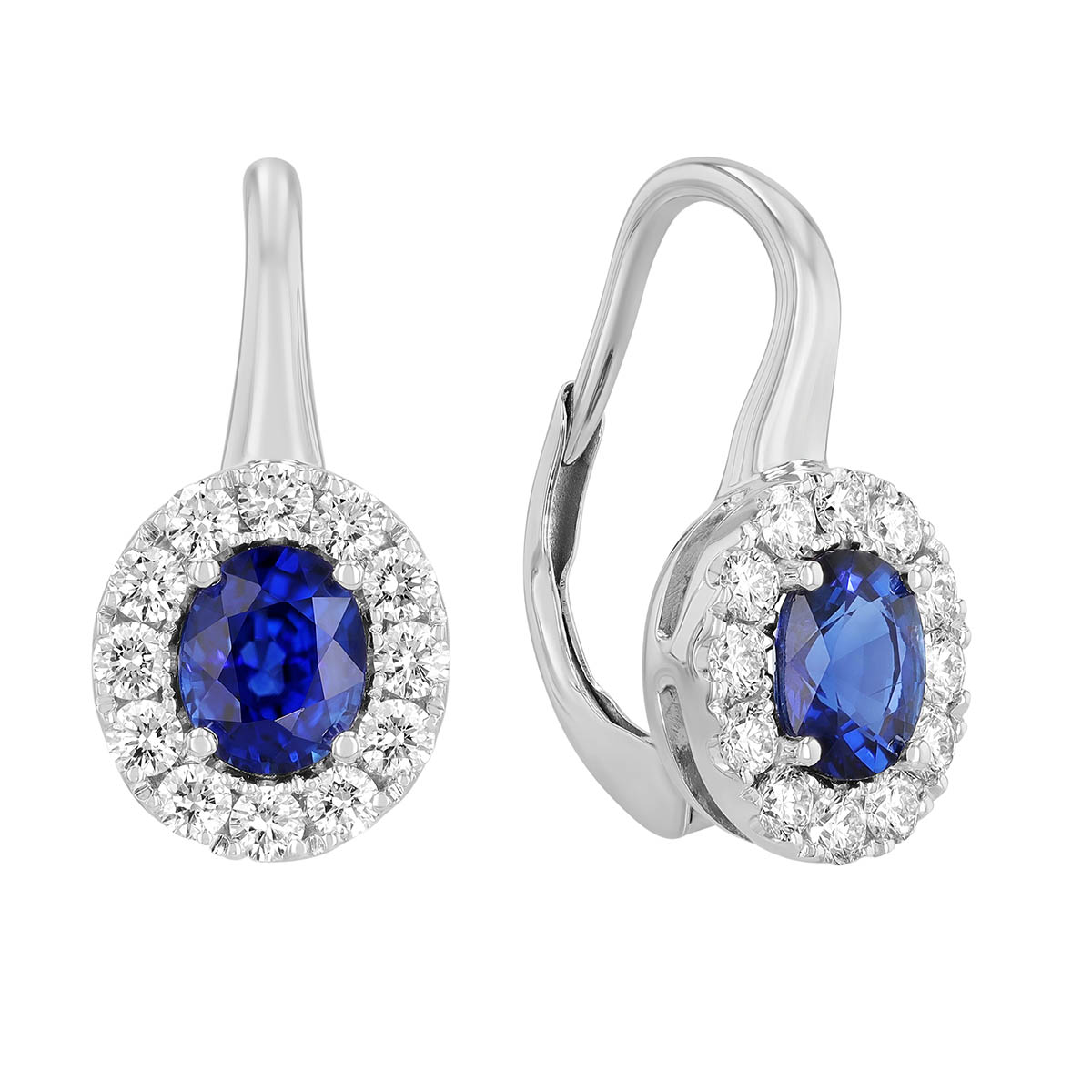 Oval Sapphire & Diamond Halo Drop Earrings in White Gold